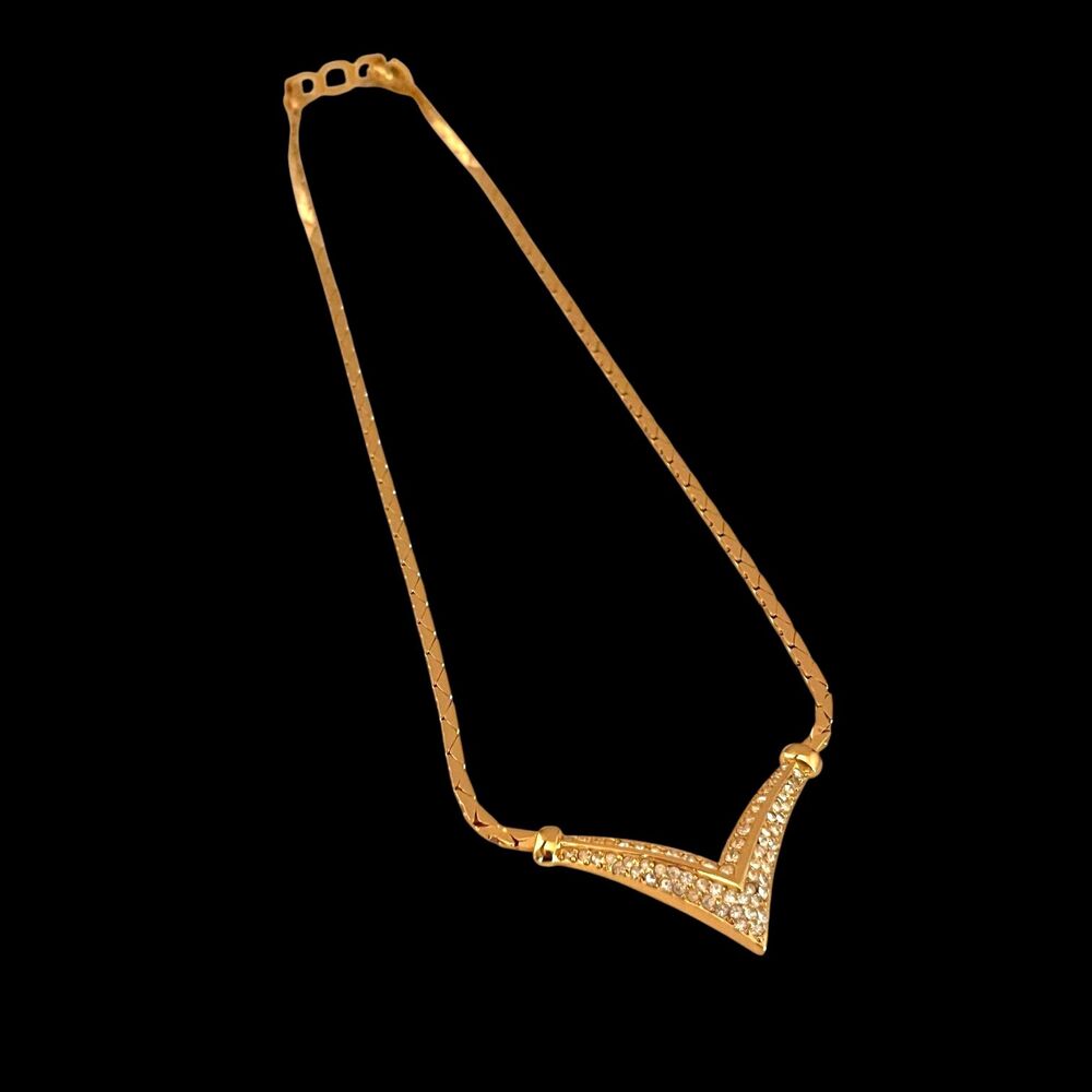 Vintage 1980s Christian Dior Necklace Rhinestone V Collar Gold Tone - NB1